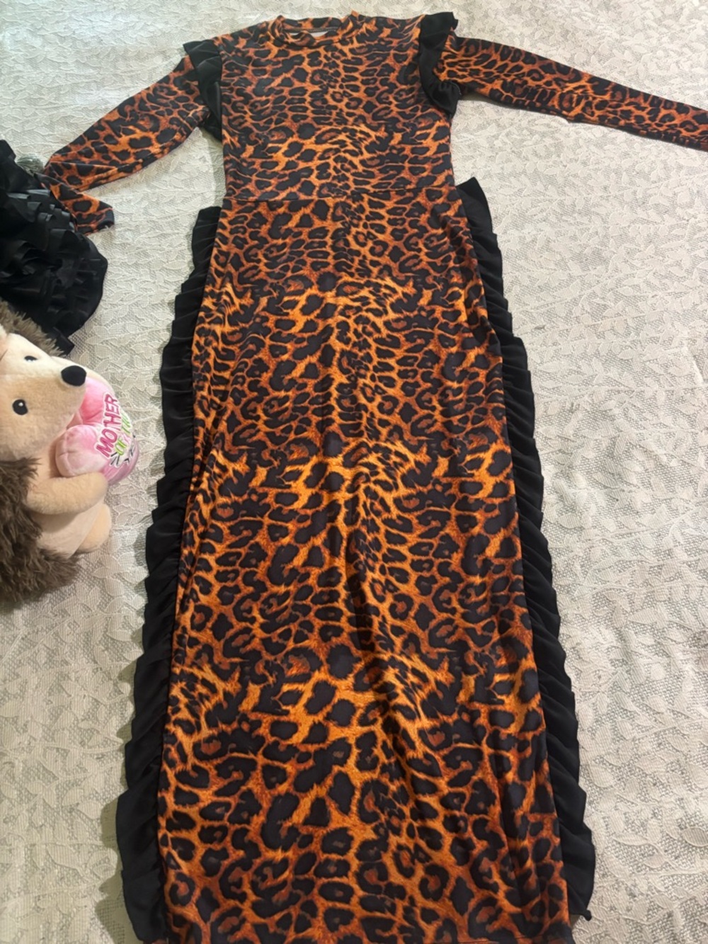 Leopard Print Long Sleeve Dress with Black Ruffle Trim